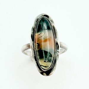 Vintage Moss Agate Sterling Silver Picture Ring - Hand Made